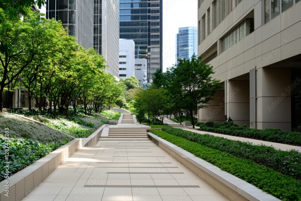 Serene urban parkway lined with lush green trees and modern architecture creating peaceful city escape Serene urban parkway lined with lush green trees and modern architecture creating peaceful city escape