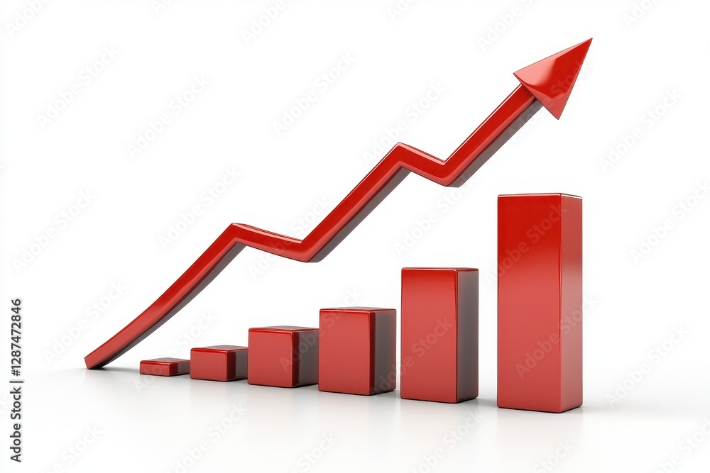 3D red bar graph showing growth. Illustrates upward trend, success, and profit increase. 3D red bar graph showing growth. Illustrates upward trend, success, and profit increase.