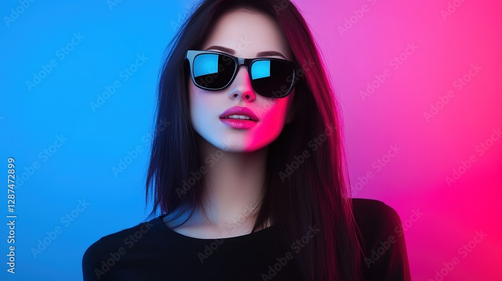 Stylish Young Woman with Sunglasses Against Pink and Blue Background Stylish Young Woman with Sunglasses Against Pink and Blue Background
