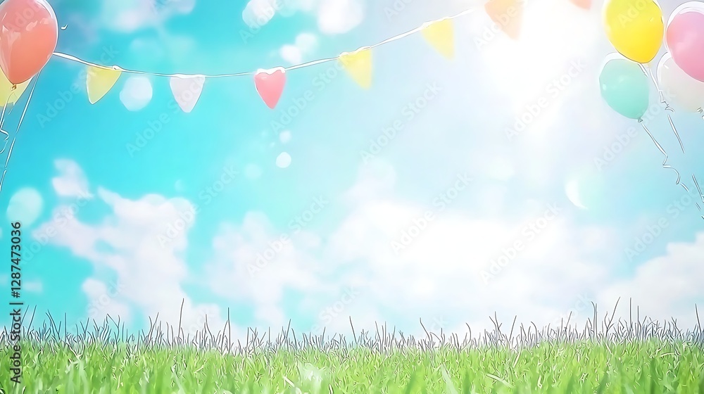 Bright Sunny Day with Balloons and Colorful Bunting in Field Bright Sunny Day with Balloons and Colorful Bunting in Field