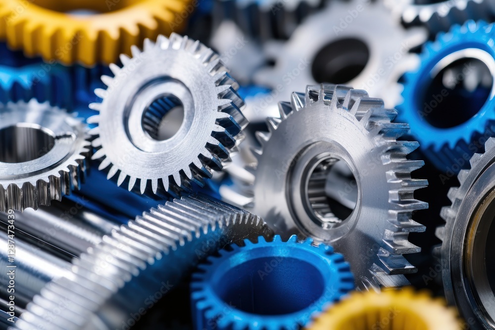 Macro Capture of Silver Blue and Yellow Gears Industrial Precision and Technological Assembly Macro Capture of Silver Blue and Yellow Gears Industrial Precision and Technological Assembly