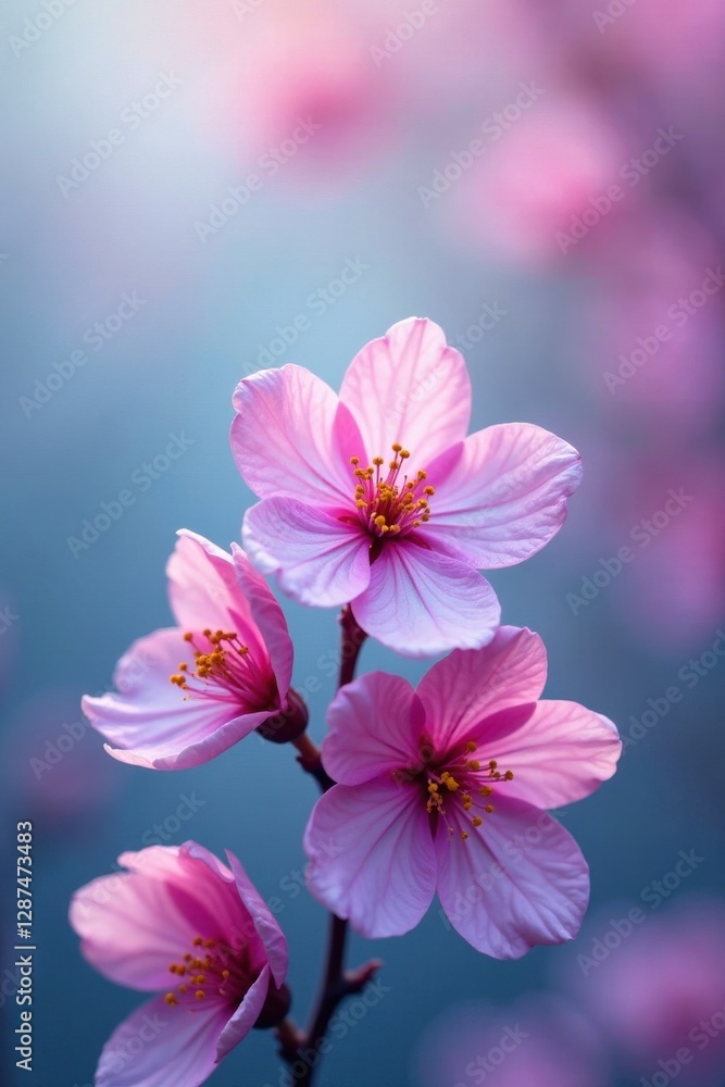 Fototapeta premium Delicate pastel blossoms unfurl, showcasing soft pinks, purples and blues , dainty, beautiful