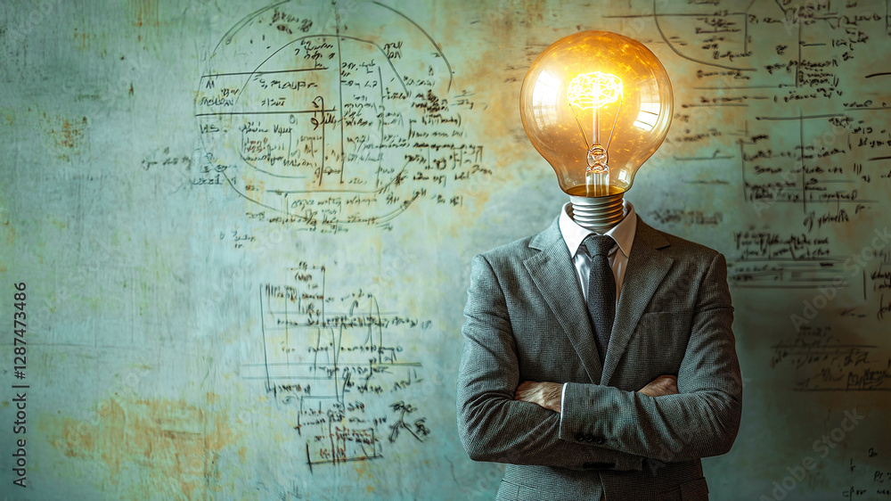 businessman with light bulb head stands confidently against wall covered in mathematical formulas, symbolizing innovation and intelligence businessman with light bulb head stands confidently against wall covered in mathematical formulas, symbolizing innovation and intelligence