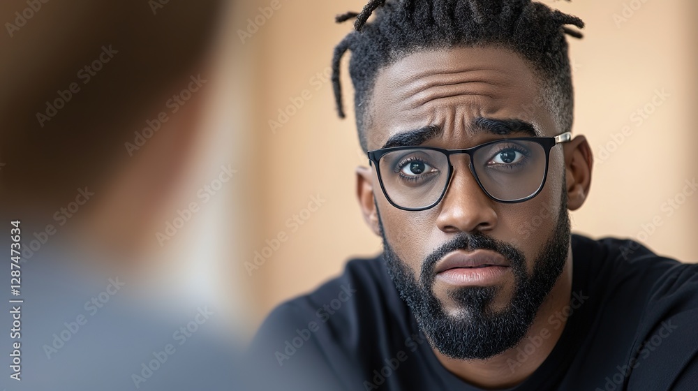 Thoughtful young man with glasses and beard in focused conversation Thoughtful young man with glasses and beard in focused conversation
