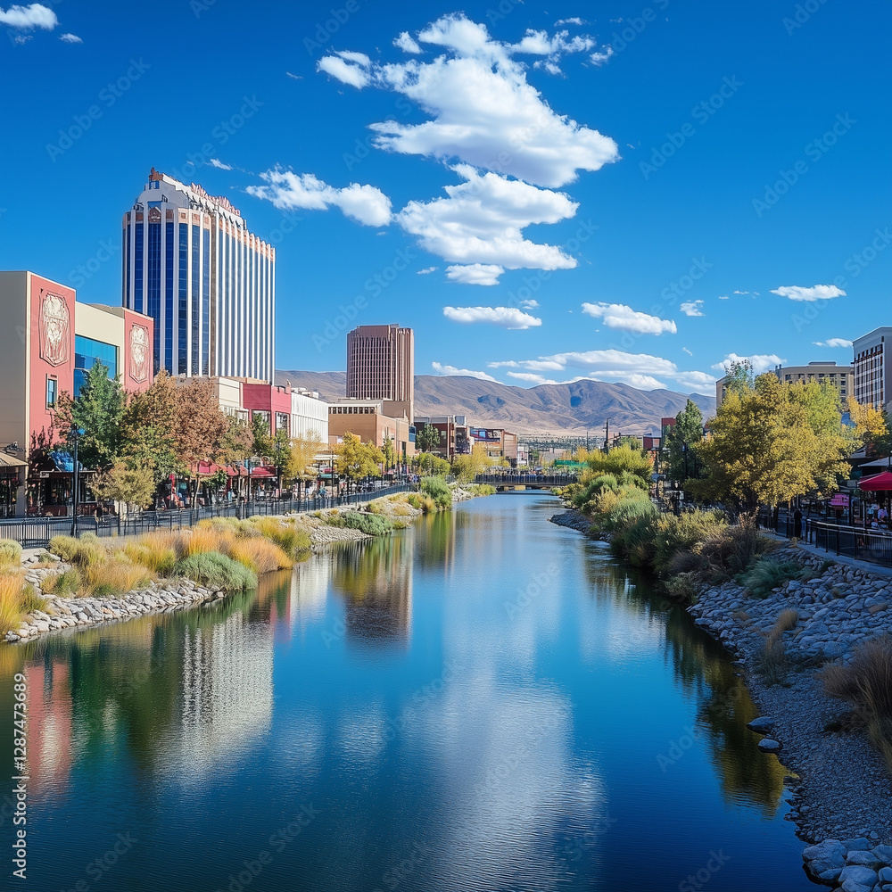 Fototapeta premium Vibrant cityscape of downtown Reno, Nevada, featuring the Truckee River Walk, modern high-rise buildings, and historic landmarks under a clear blue sky with puffy