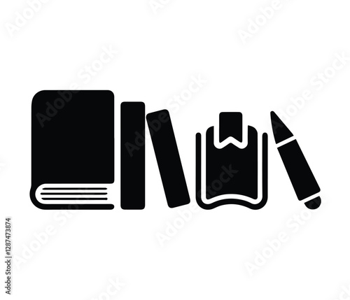 Set of Black and White Book Icons. This graphic features various book icons in a simple, black silhouette style.