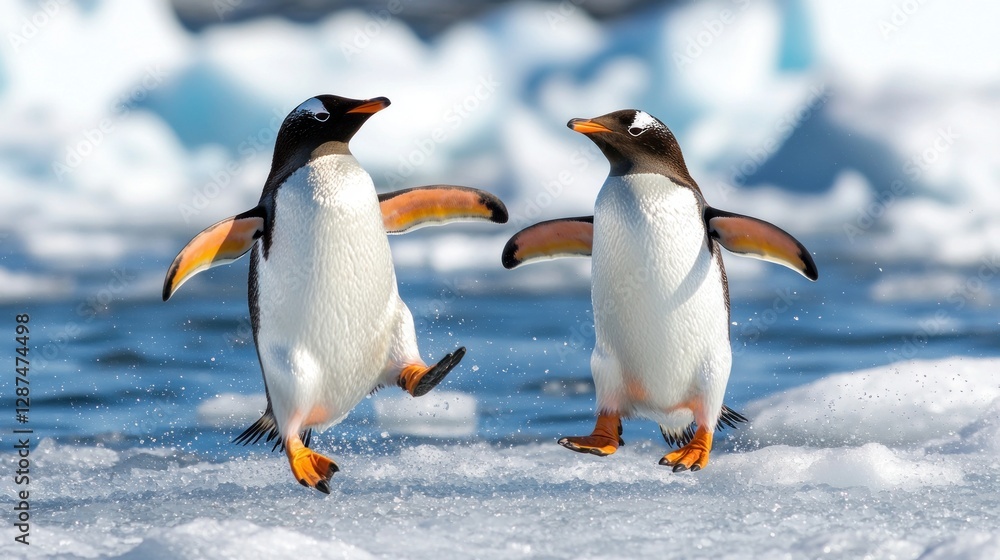 Fototapeta premium Two Gentoo Penguins Frolicking on Ice Floe in Antarctica, Capturing the Playful Mood and Pristine Landscape, Wide Angle, Natural Light