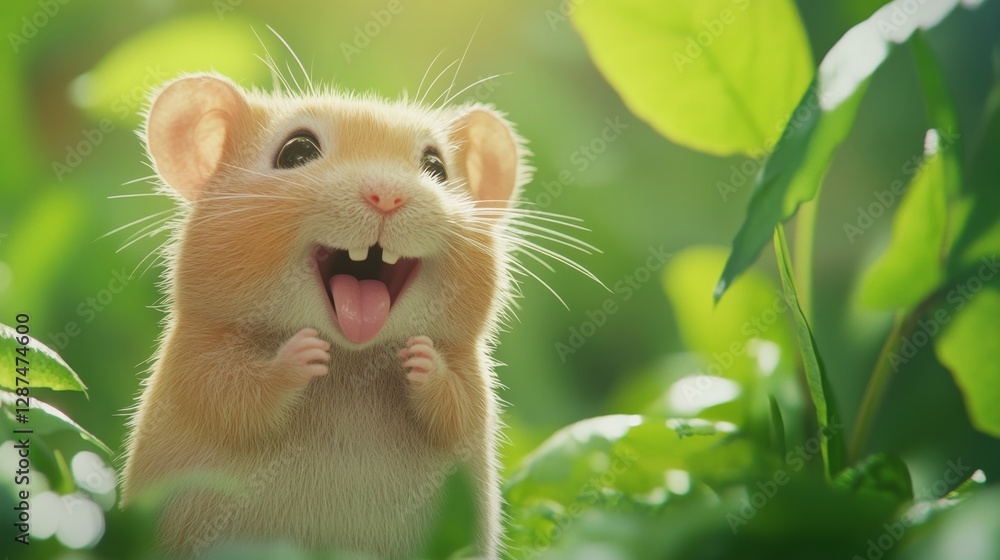 Adorable hamster with joyful expression surrounded by leafy greenery, vibrant sunlight. Cute animal portrait concept Adorable hamster with joyful expression surrounded by leafy greenery, vibrant sunlight. Cute animal portrait concept