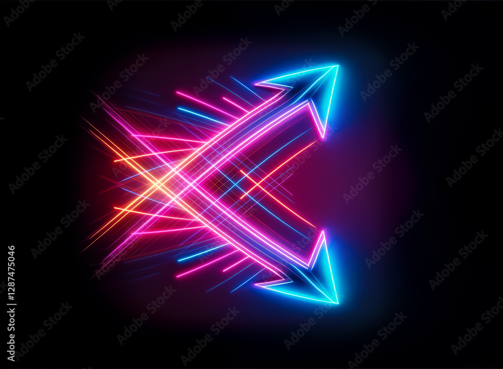 Fototapeta premium Bright, glowing neon arrows with dynamic light trails streak across a dark backdrop, pointing in opposing directions.