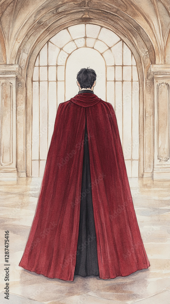 Naklejka premium Contemplative Figure in a Crimson Cloak