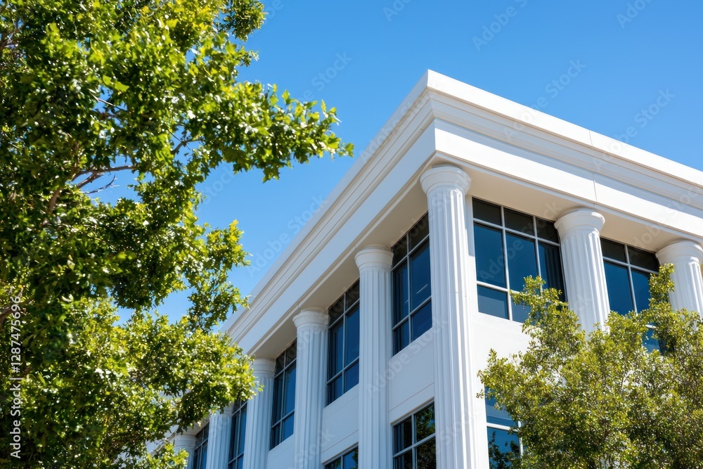 Elegant White Building Facade with Classic Columns Against Blue Sky Framed by Lush Green Tree Elegant White Building Facade with Classic Columns Against Blue Sky Framed by Lush Green Tree