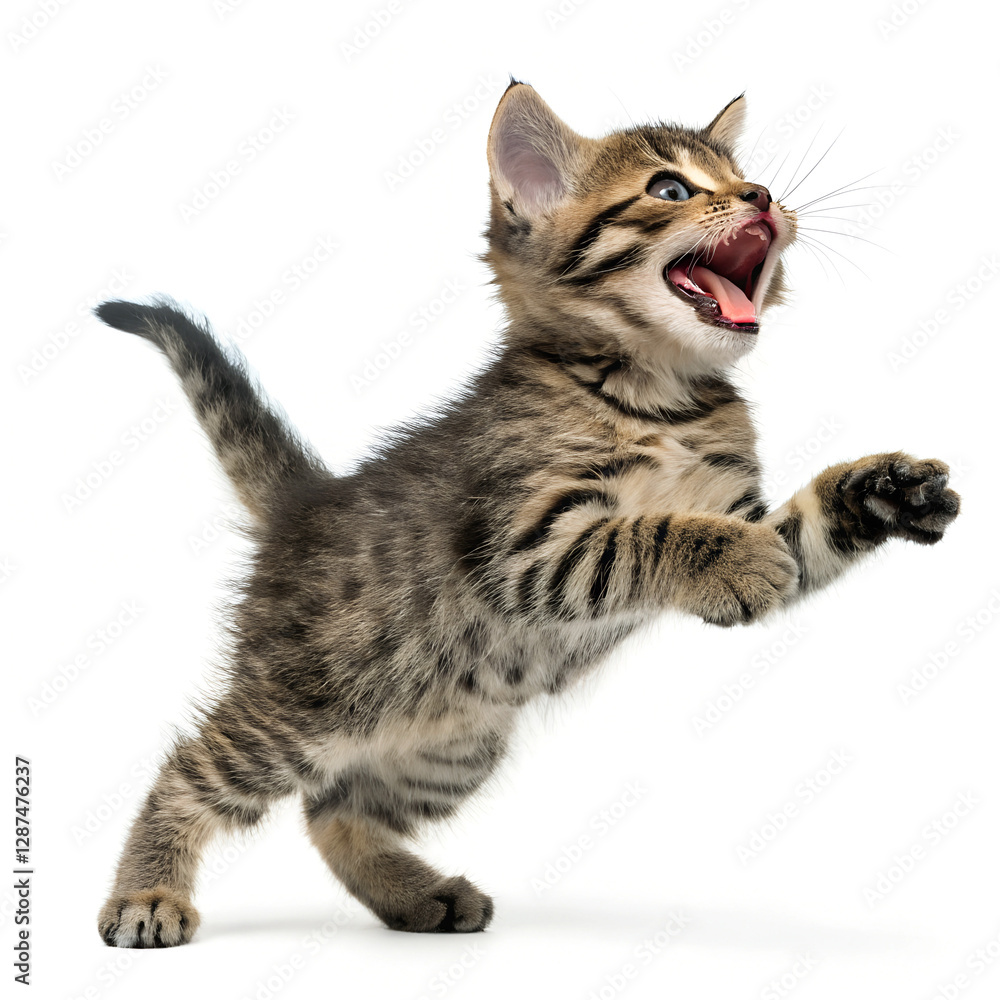 Obraz premium A tabby kitten in mid-air, seemingly leaping or jumping