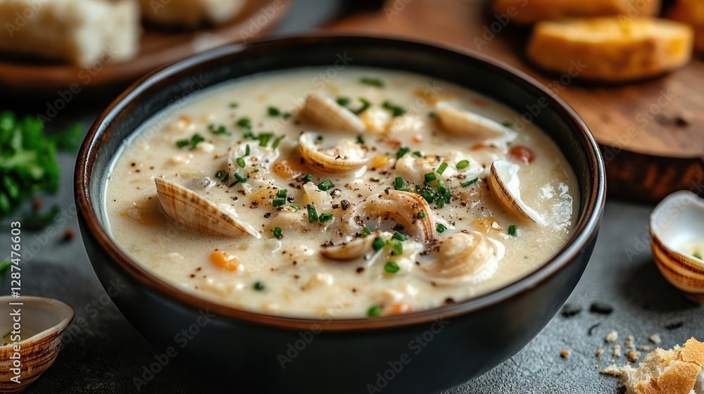 A bowl of clam chowder with bread and herbs A bowl of clam chowder with bread and herbs