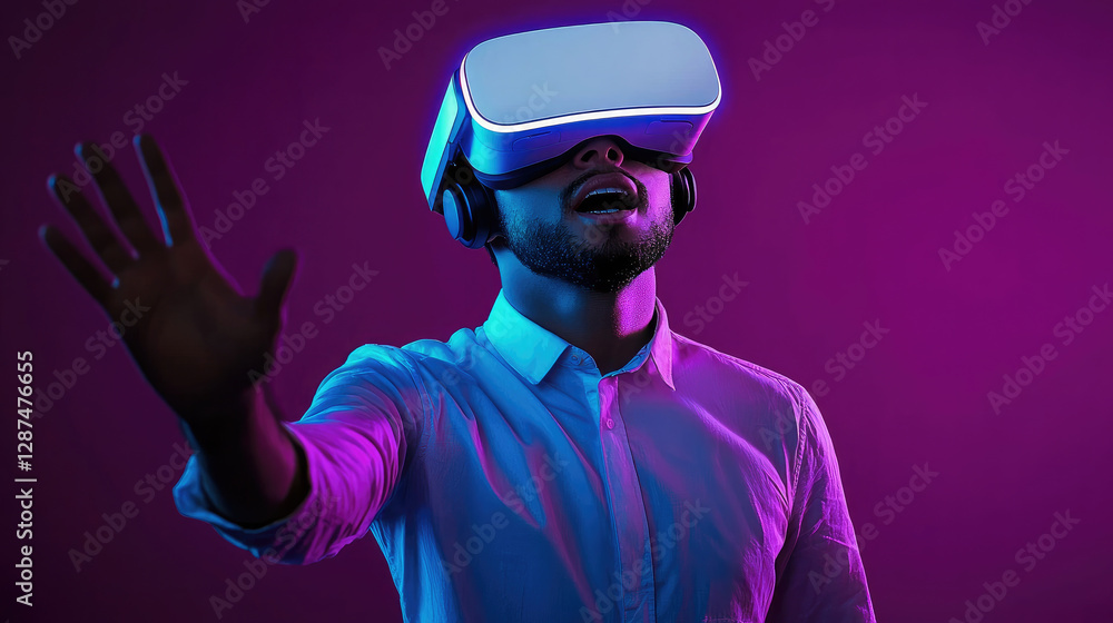 Immersive virtual reality experience with young male model wearing headset, expressing excitement and engagement in vibrant setting Immersive virtual reality experience with young male model wearing headset, expressing excitement and engagement in vibrant setting