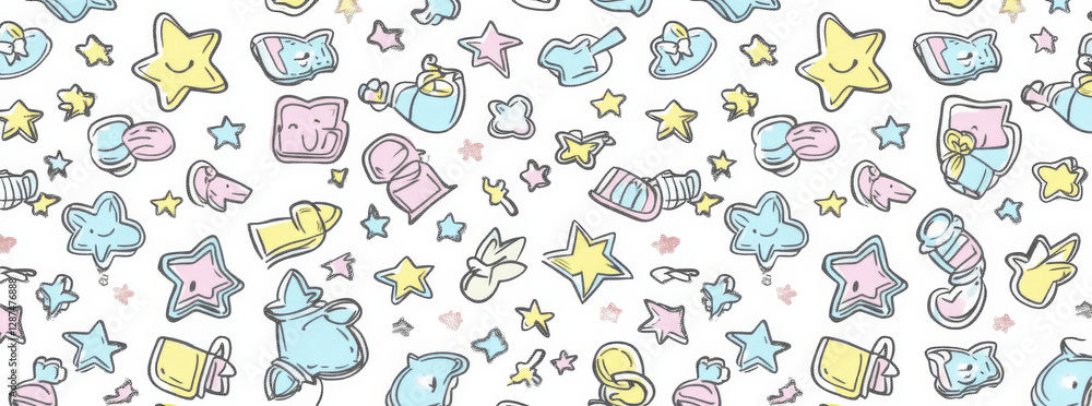 Cute pastel pattern with stars, animals, and playful shapes Cute pastel pattern with stars, animals, and playful shapes