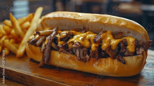 Wallpaper Mural a cheesesteak sandwich and fries on a wooden board Torontodigital.ca