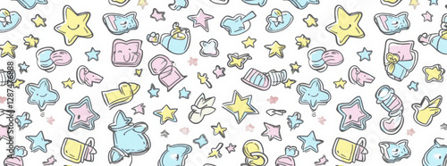 Cute pastel pattern with stars, animals, and playful shapes