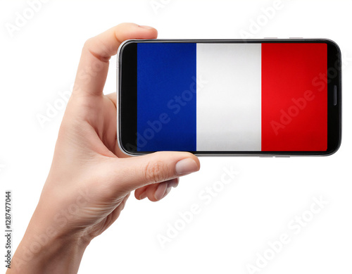 フランスの国旗が画面に表示されているスマートフォンを持つ手。白背景。(Hand holding smartphone, screen is France flag. on white background.)
 photo