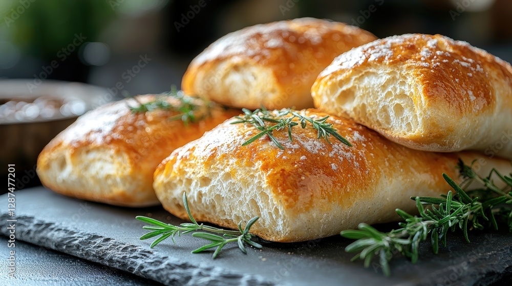 A plate of freshly baked bread served with a sprig of herb for a gourmet culinary experience A plate of freshly baked bread served with a sprig of herb for a gourmet culinary experience