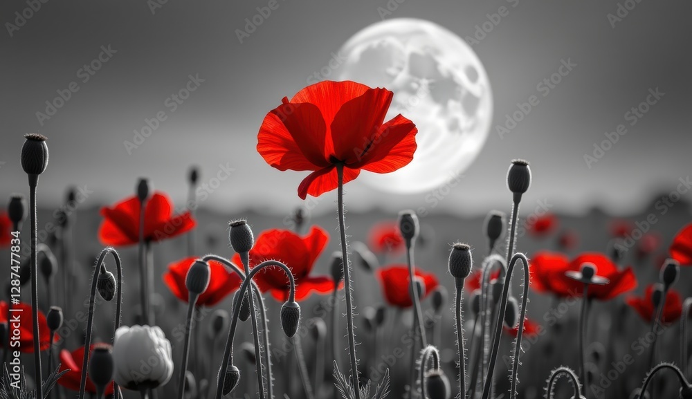 Obraz premium A striking monochromatic landscape is punctuated by vibrant red poppies, creating a powerful visual contrast. The scene is set against a backdrop of a large, luminous moon