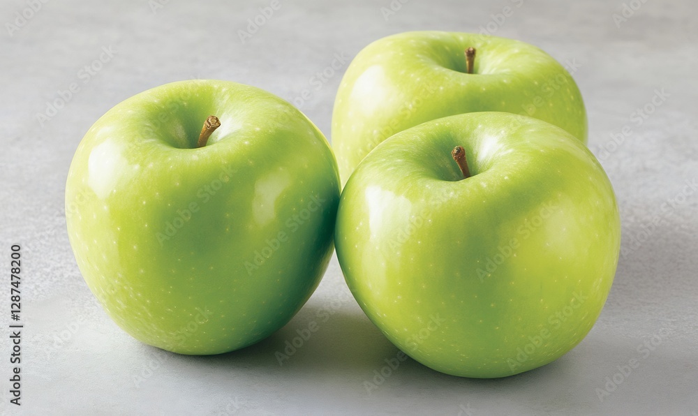 Fresh green apples arranged on a light gray surface. Fresh green apples arranged on a light gray surface.