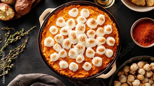 Overhead shot of a holiday feast highlighting sweet potato casserole with a golden marshmallow layer, surrounded by Thanksgiving side dishes, vibrant colors