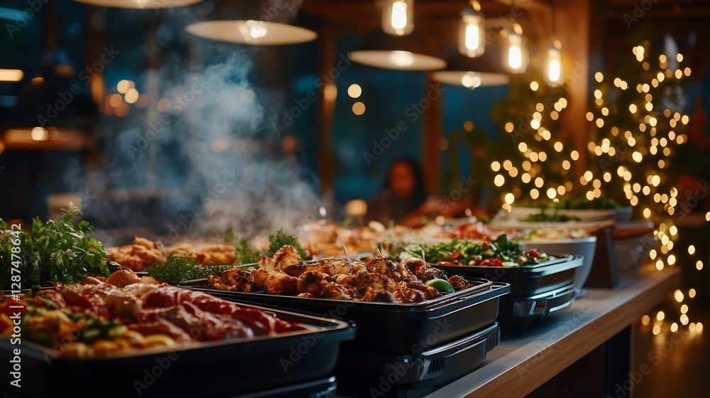 Lavish Culinary Buffet, Steaming Delicacies , Festive Glow Lavish Culinary Buffet, Steaming Delicacies , Festive Glow