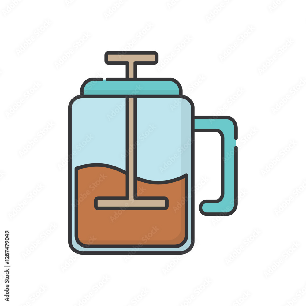 Flat Vector Illustration of a French Press Coffee Maker Filled with Brewed Coffee – Modern Minimalist Icon Flat Vector Illustration of a French Press Coffee Maker Filled with Brewed Coffee – Modern Minimalist Icon