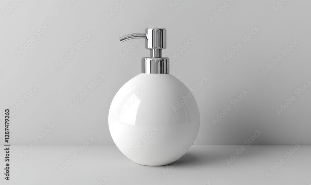 Fototapeta premium Round white soap dispenser on white surface, minimalist bathroom