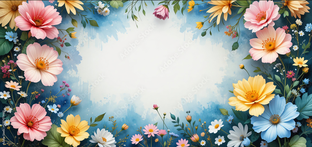 Fototapeta premium Colorful Spring Blossom Frame in Watercolor, Featuring Soft Petals and Leafy Accents, Blue Paint and White Background, Copy Space