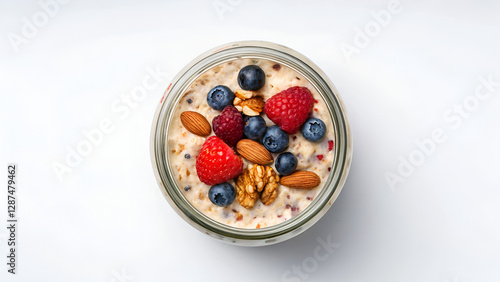 overnight oats nutrition wholesome fiber meal prep low calorie A jar of oatmeal topped with fresh berries and nuts on a clean surface.