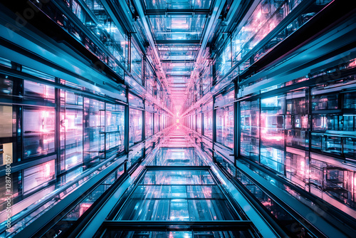 Wallpaper Mural Futuristic glass corridor with vibrant pink and blue neon lights, creating a dynamic and modern architectural perspective. Torontodigital.ca