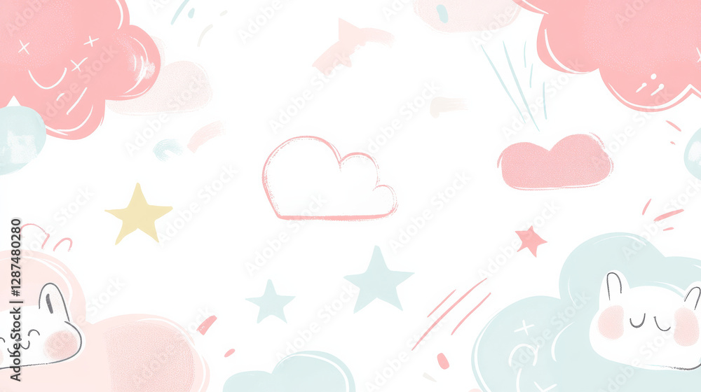 Cute clouds and playful shapes in pastel colors create cheerful background Cute clouds and playful shapes in pastel colors create cheerful background