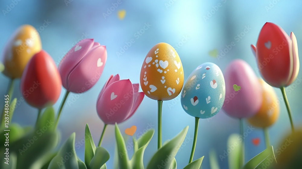 Colorful Easter eggs, tulip flowers, transparent background, 3D rendering Colorful Easter eggs, tulip flowers, transparent background, 3D rendering