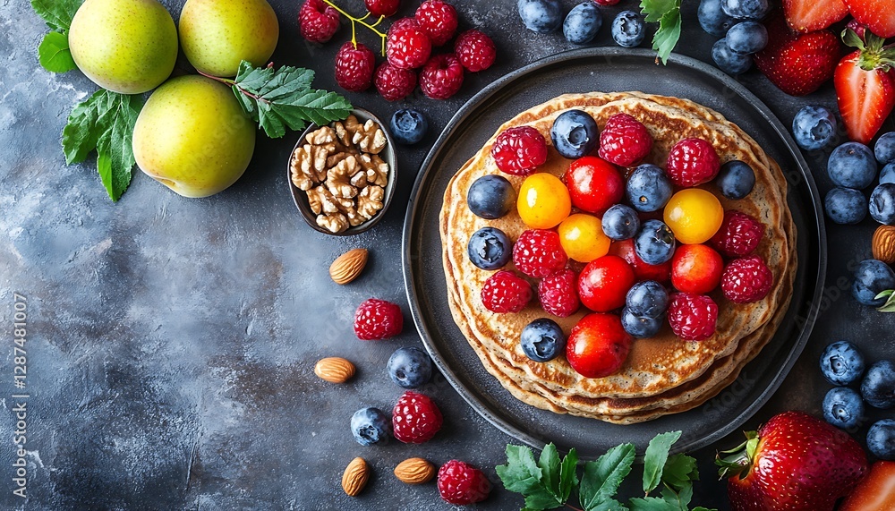Delicious fruit pancakes, breakfast, table, overhead Delicious fruit pancakes, breakfast, table, overhead