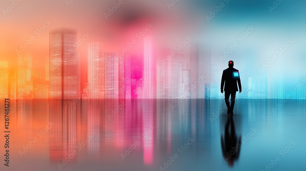 Silhouette of Figure Against Abstract Cityscape with Vibrant Colors Silhouette of Figure Against Abstract Cityscape with Vibrant Colors