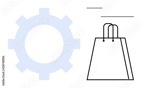Gear symbol and shopping bag outline with minimalistic lines. Ideal for e-commerce, retail management, shopping, online shopping, automation, logistics, business operations. Line metaphor