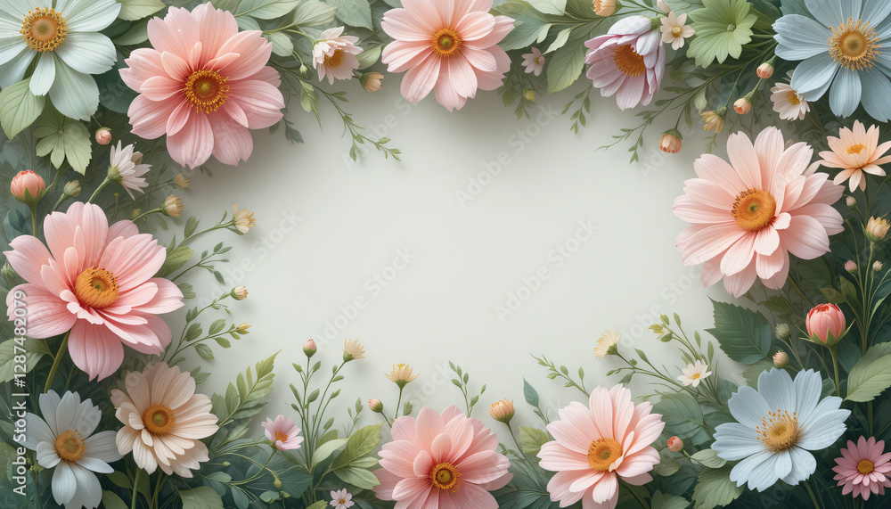 Spring Garden Frame Featuring Hand-Painted Flowers in Soft Pastel Shades with Ethereal Green Foliage, Pastel Pink and Blue Flowers Spring Garden Frame Featuring Hand-Painted Flowers in Soft Pastel Shades with Ethereal Green Foliage, Pastel Pink and Blue Flowers