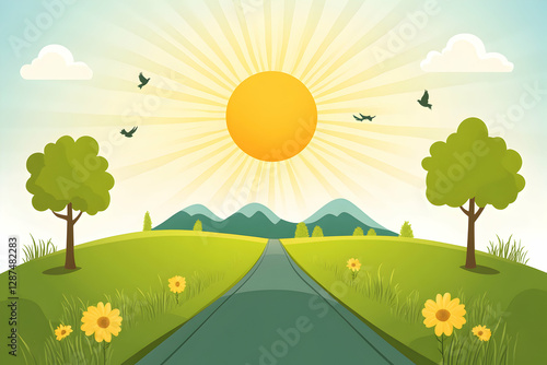 Serene sunny landscape with road, trees, flowers, and mountains. Perfect for travel, nature, and positive vibes.