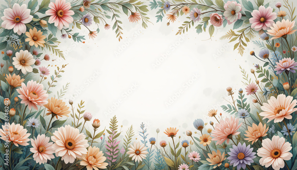 Whimsical Garden Frame with Loose Watercolor Flowers and Dreamy Botanical Elements, Copy Space Whimsical Garden Frame with Loose Watercolor Flowers and Dreamy Botanical Elements, Copy Space