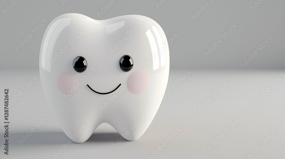 A cute, smiling cartoon tooth with a glossy finish, representing dental health and children's dentistry. A cute, smiling cartoon tooth with a glossy finish, representing dental health and children's dentistry.