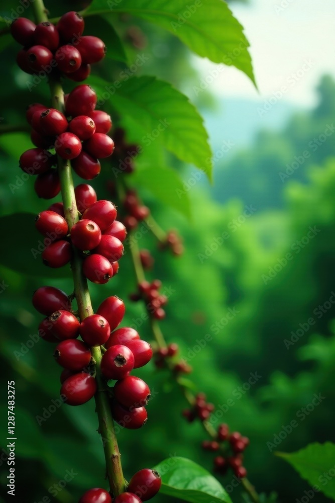 Lush Costa Rican coffee plant laden with ripe red coffee cherries , arable land, ripe, farm Lush Costa Rican coffee plant laden with ripe red coffee cherries , arable land, ripe, farm