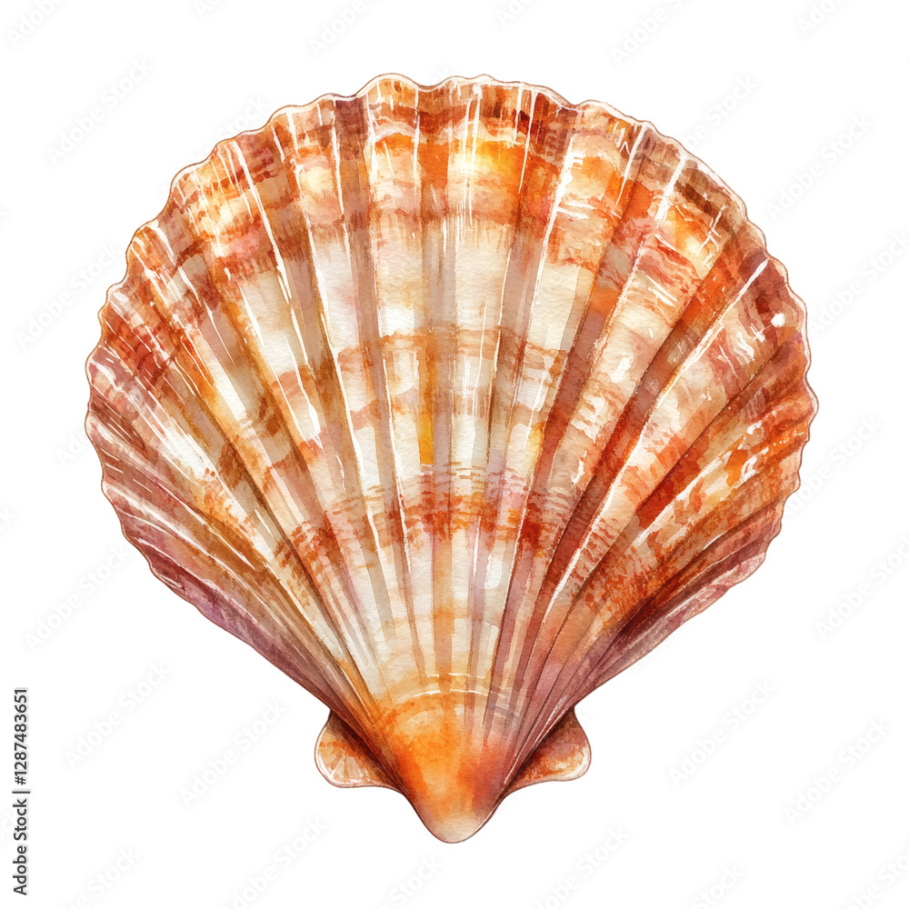 Obraz premium Watercolor painting of a beautiful scallop seashell isolated on transparent background