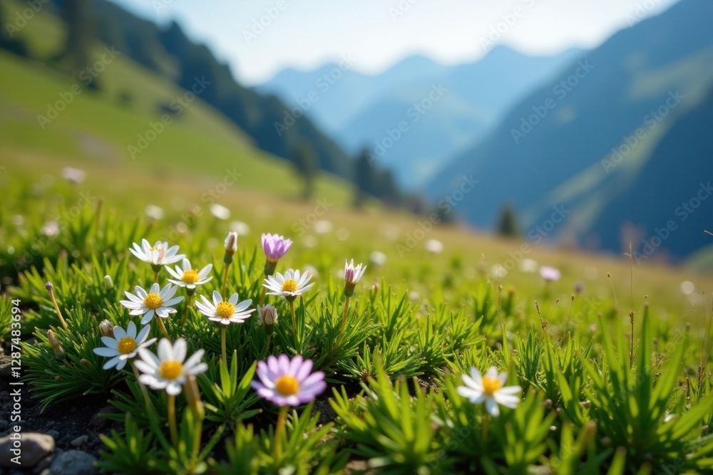 Newly thawed alpine meadow, delicate wildflowers emerge , habitat, renewal