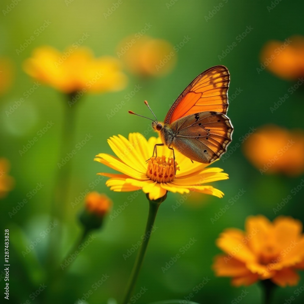 Obraz premium Orange butterfly, brown wings, yellow flower, summer garden, outdoor, summer garden