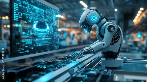 Futuristic automotive factory with humanoid robots, holographic controls, AI-driven automation, and ultra-detailed cinematic 8K technology visuals.