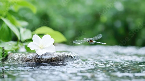 Peaceful dragonfly over flowing stream and white flower