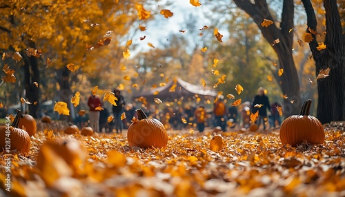 Autumn leaves, pumpkins, and people; fall festival