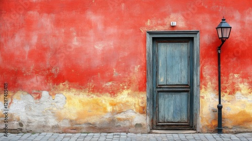Old wooden door in front of a red wall with a street lamp. Street side.
