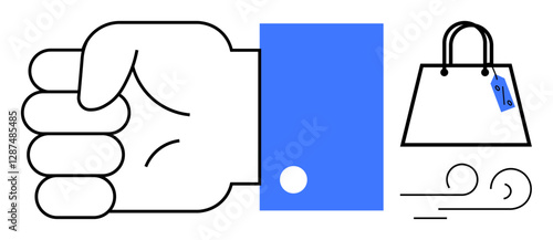 Closed fist in blue sleeve, wind gust lines, and shopping bag with tag. Ideal for illustrating strength, commerce, movement, power, retail action and determination. Minimalist abstract line flat